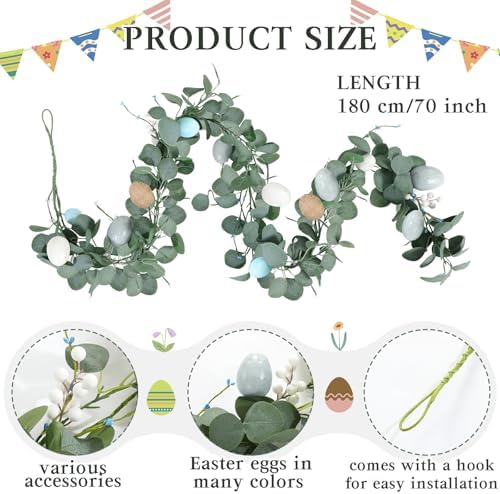 Zeyune 1 Pcs 6ft Long Easter Artificial Garland with Eggs Spring Mixed Eucalyptus Garland Farmhouse Hanging Rustic Easter Garlands Decor for Front Door Kitchen Fireplace Home Indoor Outdoor - Image 2
