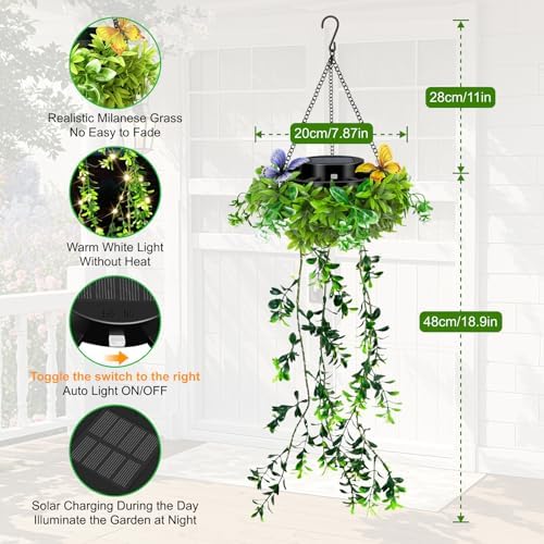 Solar Hanging Garden Lights, 2 Pack 66 LED Outdoor Lights with Realistic Milan Grass & White Flowers, IP65 Waterproof Solar Lanterns for Patio, Porch, Fence, Pergola & Backyard Decor, Auto On/Off - Image 2