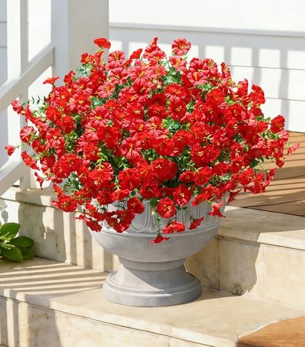 Artificial Flowers Fake Plants for Outdoors Decoration, 12 Bundles Red Silk Morning Glory with Eucalyptus Realistic UV Resistant Faux Flowers Greenery for Outside Planter Yard Garden Home Indoor Patio - Image 4