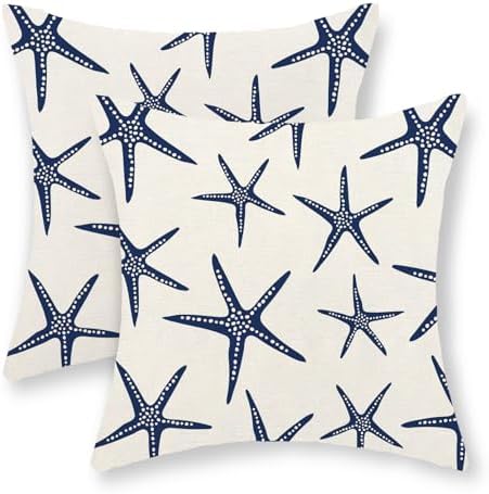 Navy Blue Starfish Pillow Covers 16x16 Inch Set of 2 Coastal Throw Pillows Summer Nautical Ocean Beach Theme Decorative Pillowcase Outdoor Farmhouse Decor Cushion Case for Couch Home Bedroom by JEFERSO