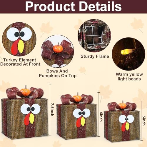 [Timer & 8 Modes]３Pack Thanksgiving Decorations Turkey Lighted Gift Boxes with 3D Pumpkin 60 LED Lights Glitter Tinsel Battery Operated Thanksgiving Outdoor Light Up Present Boxes for Home Yard Decor - Image 2