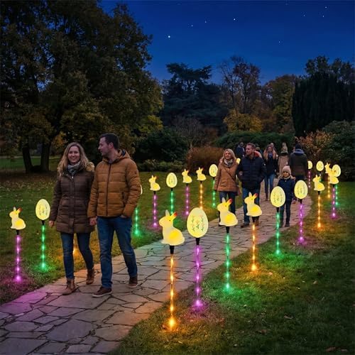 Easter Decorations Solar Pathway Lights, 6pcs Easter Bunny and Egg Lights with 8 Lighting Modes, Outdoor LED Colored Stake Lights for Lawn Yard Porch Patio Decoration (White - Rabbit+Egg) - Image 6