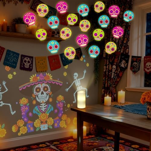 Baquler Day of the Dead Decoration Flameless Candles Sugar Skull Projector Light Colorful Skull LED Candle Battery Operated Night Light with Remote and Timer Indoor Bedroom Halloween Mexican Decor - Image 3
