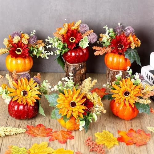 Set of 6 Mini Fall Pumpkin with Artificial Flower Decorations Thanksgiving Sunflower Centerpieces for Tables Harvest Fall Table Floral Decor Autumn Fireplace Mantle Living Room Home Kitchen Party - Image 4
