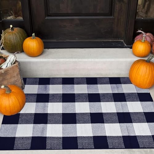 Buffalo Plaid Rug 28 x 43 Inches Fall Outdoor Front Door Decor Mat, Cotton Washable Hand-Woven Rug for Layered Doormat, Autumn Halloween Thanksgiving Carpet for Porch (Navy Blue and White Plaid) - Image 3