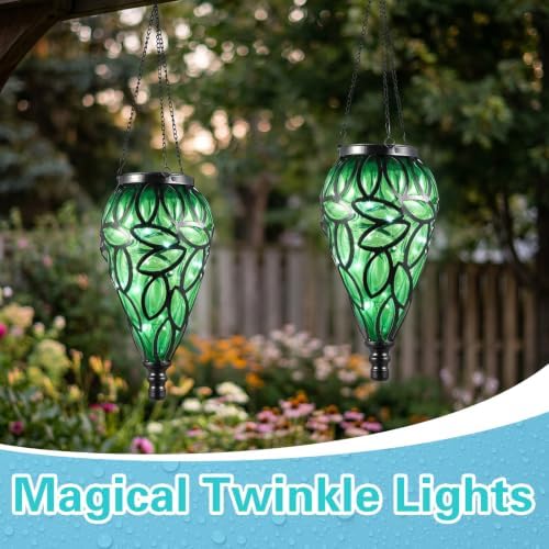 Tujoe 2 Pack Solar Hanging Lanterns Outdoor Lights, Green - Image 4