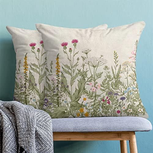 Spring Floral Pillow Covers 18 x 18 Inch Set of 2 Vintage Sage Green Wild Flowers Decor Throw Pillows Wildflower Plant Outdoor Farmhouse Decorative Cushion Cases for Couch Bed Sofa Decoration - Image 2