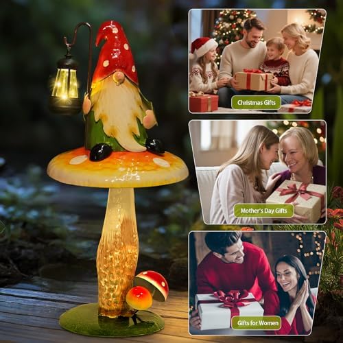 HONGLAND Solar Garden Gnomes Outdoor Statue, Waterproof Outdoor Mushroom Decor with Solar Lantern LED Lights for Yard, Patio, Lawn Ornaments, Ideal Gifts for Mom Grandm, Housewarming Gifts-16.5" - Image 3