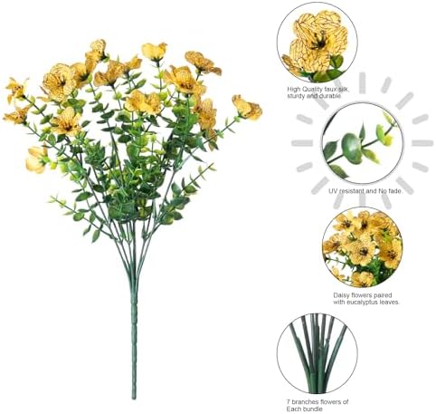HyeFlora Artificial Fall Flowers Faux Mums for Outdoor Indoor Garden Home Decoration, Faux Flower Daisy with Eucalyptus Leaves Fake Plants Greenery Boxwood Porch Patio, 12 Bundles (Yellow) - Image 6