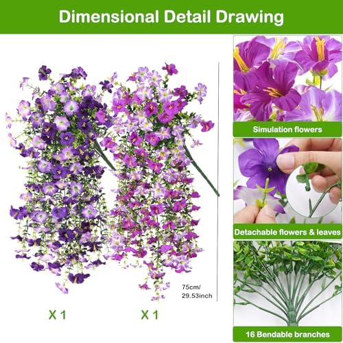 Artificial Hanging Flowers for Outdoors Spring Summer Decoration, 2 PCS Faux Silk Morning Glory Flowers UV Resistant Artificial Hanging Plants Realistic Long Vines for Garden Porch Patio (Purple) - Image 2