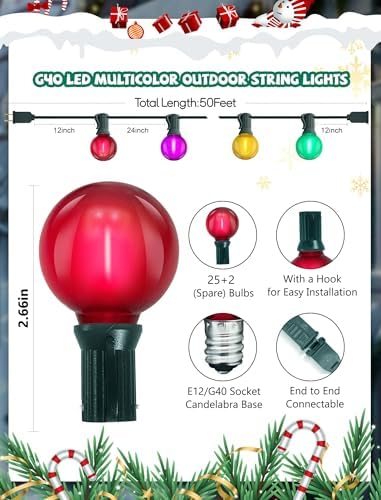 50Ft G40 LED Multicolor Christmas Lights Outdoor, Shatterproof Frosted Globe String Lights with 27 Ceramic Bulbs(2 Spare), Waterproof Hanging Patio Lights for Bistro Porch Party Holiday Decorations - Image 2