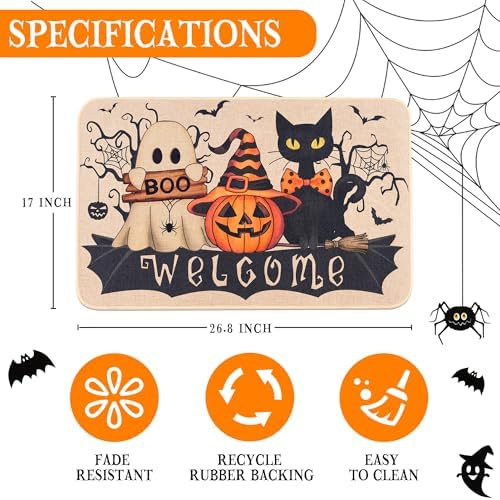 Halloween Welcome Mat for Front Door Cute Ghost Cat Pumpkin Decor 17"x26.8" - Image 2