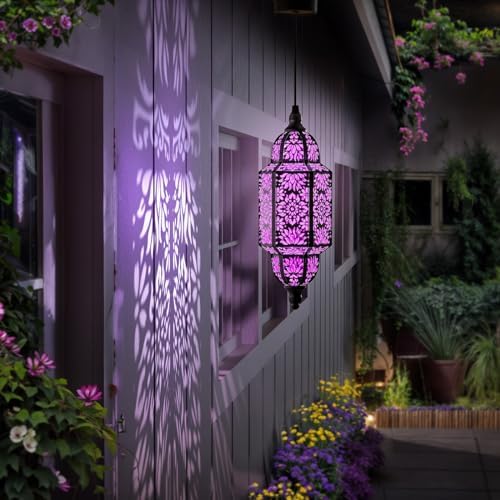 Twinkya 2 Pack Hanging Solar Lights Outdoor Garden Decorative Solar Lantern Waterproof Metal Moroccan Outdoor Decorations for Patio Pathway Yard Porch Backyard Garden Decor (Purple, 2 Pack) - Image 6