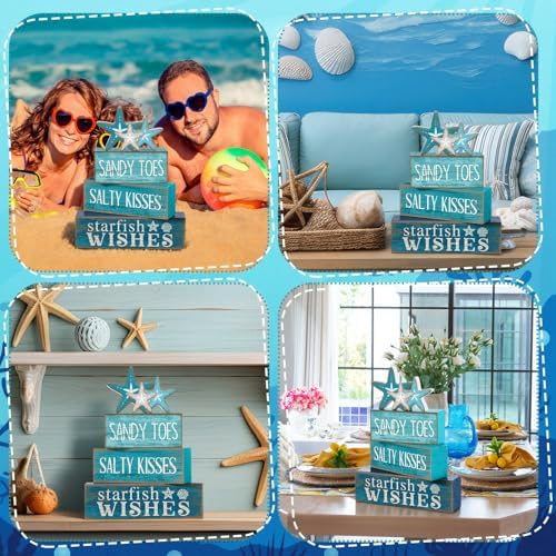 Yuntau 4 Pcs Summer Coastal Table Decorations Rustic Wooden Block Sign - Image 5