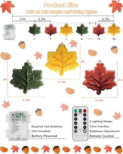 Fall Decor Maple Leaf String Lights, 10Ft Fall Thanksgiving Lights Indoor Battery Operated 20 LED Multicolor 3D Maple Leaves String Light with Timer, Autumn Light for Harvest Party Porch Home Decor - Image 7
