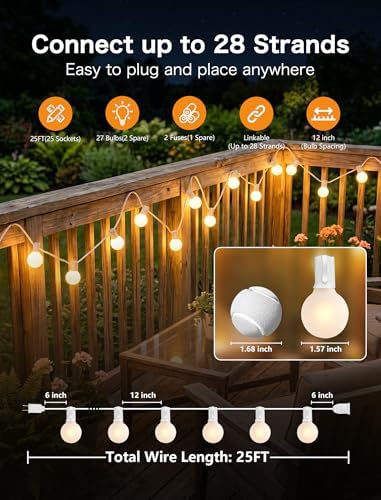 SUNSGNE 25FT G40 LED Outdoor White String Lights with 27 White Solid Shatterproof Globe Bulbs (2 Spare), Outdoor Hanging Edison Lights for Room Café Bistro Pergola Tents, White Wire - Image 2