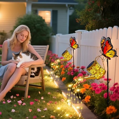 Solar Garden Lights Outdoor Decor, Butterfly Watering Can Lights for Yard - Image 3