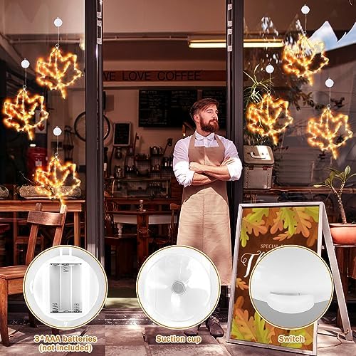(New) Cerflyer Fall Decoration, Thanksgiving Window Lights with Suction Cup, Metal Frame Maple Leaf Silhouette Lights for Window Wall Home Fall Thanksgiving Décor, Battery Operated - 3 Pack - Image 5