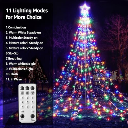 BlcTec Outdoor Christmas Decorations with Remote, 317 LED Color Changing Christmas Lights with 9 Strands 11.9ft Waterfall Lights, 11 Modes, Waterproof & Timer for Xmas Décor, Multicolor & Warm White - Image 5
