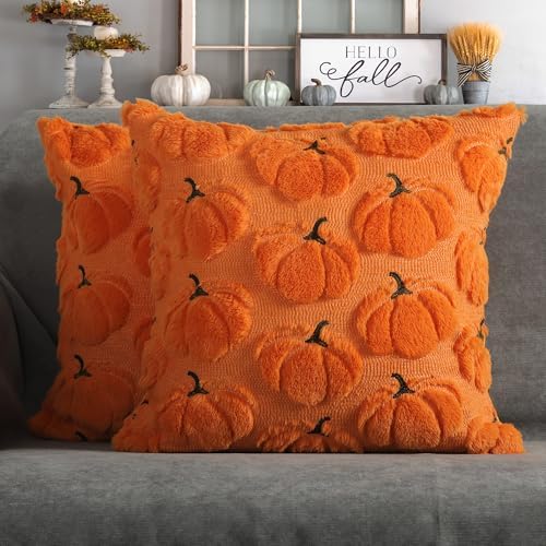 Fall Pillow Covers 18x18 Set of 2 Orange Pumpkin Decorations for Home by 4THEmotion