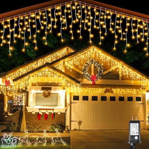 Icicle Christmas Lights Outdoor, 132ft 1280 LED Icicle Lights for Outside, Plug in Twinkle Lights Indoor with 8 Modes Timer Waterproof for House Holiday Decor Wedding Christmas Decorations, Warm White by Vivideal