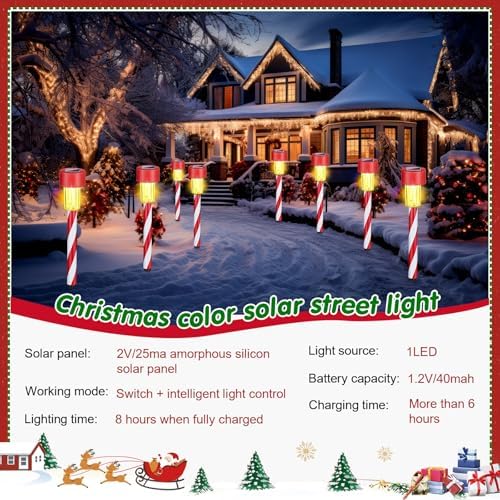 Honoson 6 Pcs Christmas Solar Pathway Lights Outdoor - Candy Cane Xmas Decorative IP65 Waterproof Lights for Patio, Lawn, Yard, Landscape, Driveway, Path, Party Decor - Warm Lights - Image 4