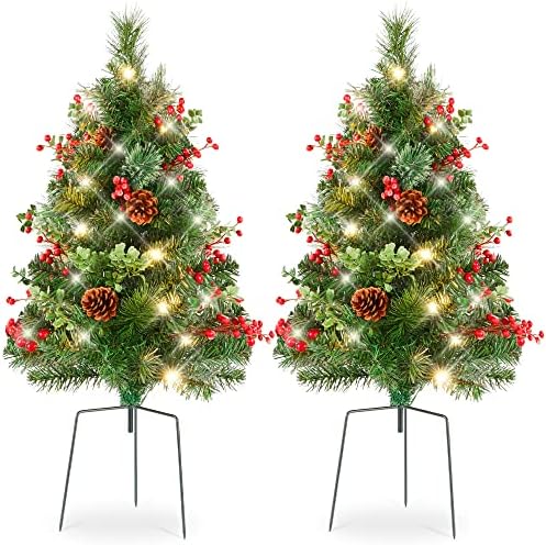 Best Choice Products Set of 2 24.5in Outdoor Pathway Christmas Trees, Battery Operated Pre-Lit Holiday Décor w/LED Lights, Red Berries, Pine Cones by BestChoiceProducts