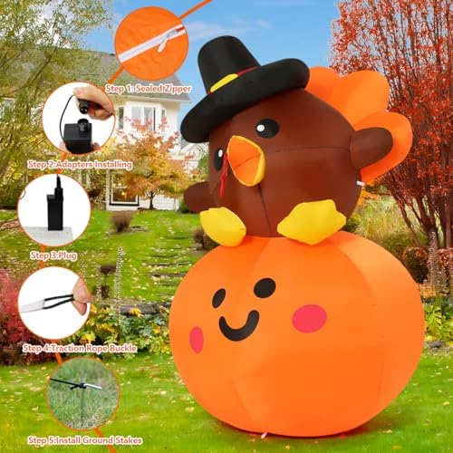 COMIN 5FT Tall Thanksgiving Inflatables Turkey Baby on Pumpkin with Built-in LEDs Blow Up Yard Decoration for Holiday Season Party Indoor Outdoor Garden Lawn - Image 3