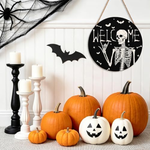 Halloween Skull Welcome Door Sign 12x12 Inch Halloween Wreaths for Front Door Spooky Skeleton Welcome Sign Rustic Wooden Holiday Decor for Front Porch Window Wall Farmhouse Indoor Outdoor - Image 3
