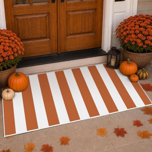 Orange White Striped Outdoor Rug 2 x 4.3 Ft, Front Door Layering Mat by Unknown