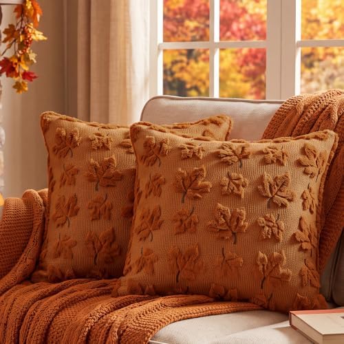 Fall Throw Pillow Covers 18x18 Set of 2 Double-Sided Maple Leaf Covers by Softalker