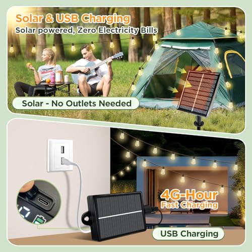 Solar String Lights Outdoor Waterproof Lights with Remote & Timer, LED Shatterproof ST38 Bulbs, USB & Solar Powered Patio Lights for Backyard, Porch, Garden, Wedding, Christmas Decor (50FT) - Image 2