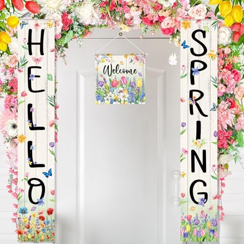 VitalCozy 3pcs Hello Spring Floral Porch Banner Welcome door Hanging Banner Colorful Floral Butterflies Porch Sign Decorations for Yard Indoor Outdoor Decorations - Image 4