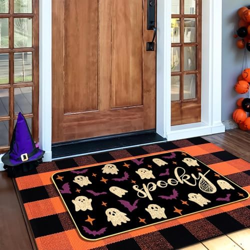 Halloween Outdoor Rug Set, Boo Door Mat 28 x 43 in, 2 Pcs Welcome Mat Set, Halloween Bats Rug, Black Doormat, Halloween Front Porch Doormats, Orange and Black Buffalo Plaid Mats for Outdoor Decor - Image 4