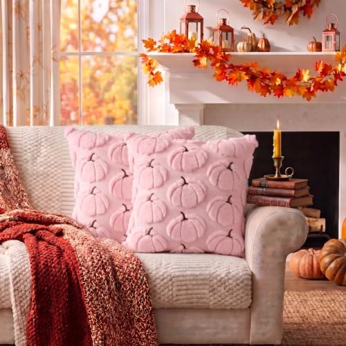 Fall Pillow Covers Pumpkin Fall Decor 16x16 Set of 2 Pink - Image 6