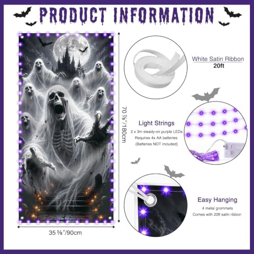 Halloween Door Decorations with Lights, 71"x35" Scary Door Cover Banner - Image 3