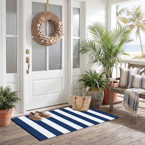 Duraaamo Nautical Navy White Stripe Outdoor Rug 2' X 3' for Front Porch - Image 5