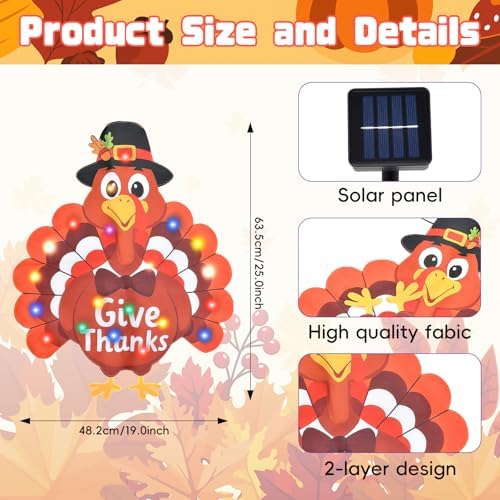 19 x 25 Inches Lighted Thanksgiving Turkey Garden Flag – Give Thanks Double-Sided Outdoor Thanksgiving Decorations with Multicolor LED Lights, Solar Powered Fall Yard Flag for Porch, Lawn, and Patio - Image 3