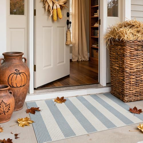 Blue Striped Fall Front Door Mat Outside Entrance 2'x3' Outdoor Rug by Sungea
