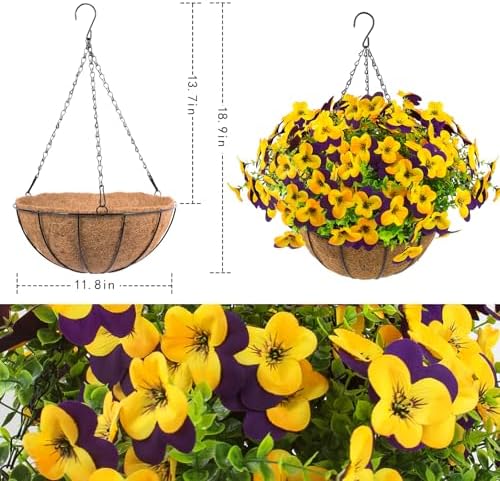 lovemoon 2 Set Artificial Outdoor Pansies Flowers with Hanging Baskets, 2 Hanging Planters with 24 Pcs Silk Pansy Flowers for Spring Easter Decorations Porch Patio Home Decor (2, Purple, Yellow) - Image 2