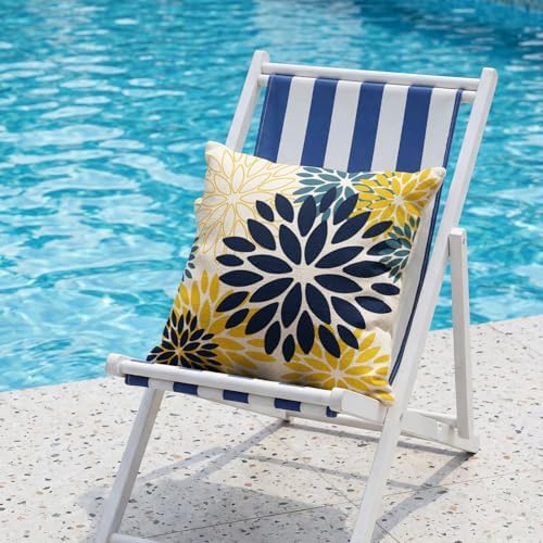 AVOIN colorlife Dahlia Flowers Blue and Yellow Waterproof Outdoor Throw Pillow Covers, 18 x 18 Inch Outdoor Summer Cushion Case Decoration for Patio Garden Porch Set of 2 - Image 3