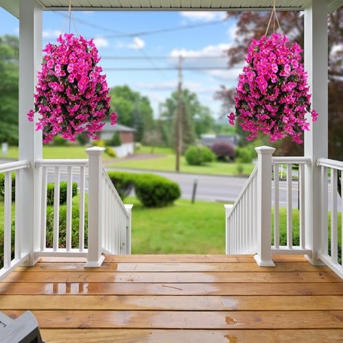 Sggvecsy Artificial Fake Hanging Flowers Plants for Outdoor Outside Spring Summer Decoration 4PCS Faux Silk UV Resistant Realistic Morning Glory Trailing Vines for Home Porch Patio Balcony(Purple red) - Image 5