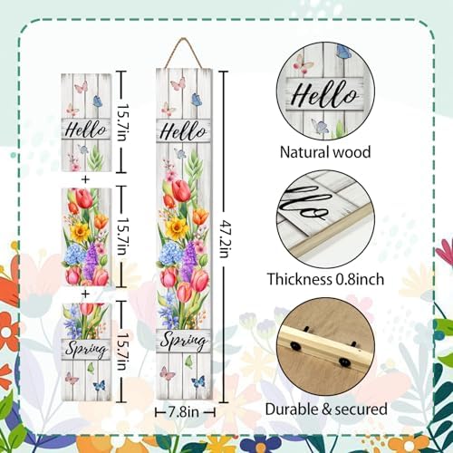 Hello Spring Porch Sign Tulip Butterflies Welcome Sign Rustic Vertical Standing Sign For Front Porch Decor Farmhouse Hanging Wall Sign for Patio Yard Party Indoor Outdoor Decoration 47.2"H - Image 3