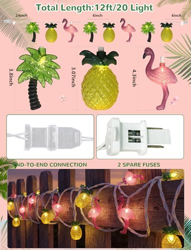 12FT Summer Beach Hawaiian String Lights with 20 LED Flamingo Pineapple Palm Tree Patio Light, Plug in Indoor Fairy Lights for Tropical Party Pool Decorations - Image 6