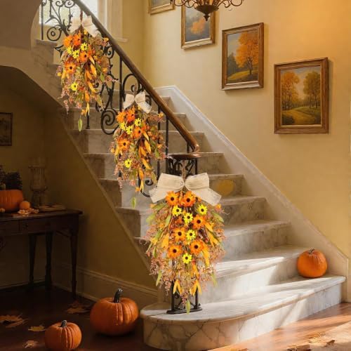 2 Pcs 24 inch Artificial Fall Swag Autumn Floral Teardrop Swags for Front Door Farmhouse Kitchen Cabinet Wreaths with Ribbon for Porch Wall Window Decor - Image 5