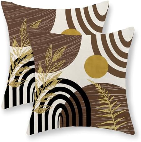 Boho Brown Pillow Covers 18x18 Set of 2 Brown Gold Tropical Leaf Decor Mid Century Throw Pillows Outdoor Bohemian Decorative Pillowcase Farmhouse Abstract Modern Cushion Case for Couch Sofa by JEFERSO