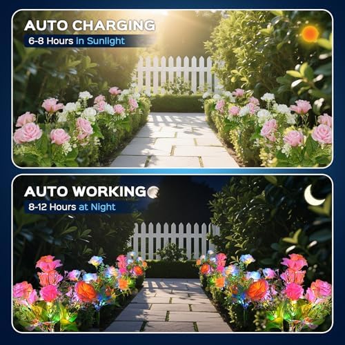TANSOREN 4 Pack Solar Garden Lights Outdoor, Colorful LED Waterproof Solar Powered Rose Flowers Landscape Lights for Outside Yard, Patio, Pathway Decorative, Décor, Gifts, Two Lighting Modes - Image 3