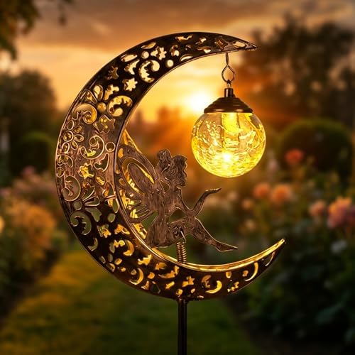 Hummingbird Moon Solar Garden Stake Light,Solar Garden Lights Outdoor Decor,Crackle Glass Fairy Lights,Solar Lights for Garden,Metal Stake Ornament for Patio Lawn Pathway Decor (Hand-held) by HAEYIA