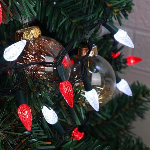 WATERGLIDE C6 Christmas Lights, 100 LED 33ft Faceted Fairy Lights Green Wire String Lights with Safe Adaptor, 8 Lighting Mode, Waterproof for Indoor Outdoor Patio Xmas Tree Party Decor, White & Red - Image 3