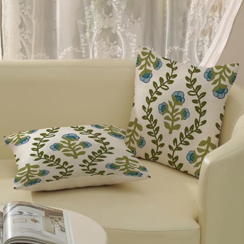 Sage Green Boho Pillow Covers 18x18 Inch 2 Pcs Blue Green Floral Leaves Decor Throw Pillows Vintage Flower Seasonal Spring Summer Outdoor Farmhouse Pillowcase Linen Cushion Cover for Couch Sofa - Image 4